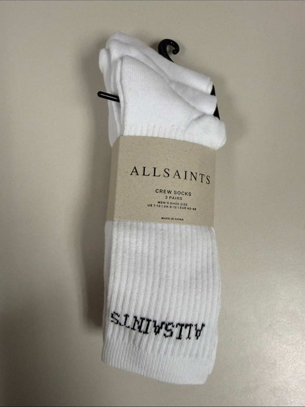 ALL SAINTS Men’s 3 Pack White Black Logo Cotton Blend Crew Socks